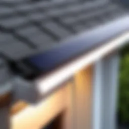 Illuminated solar powered LED gutter light enhancing outdoor aesthetics.