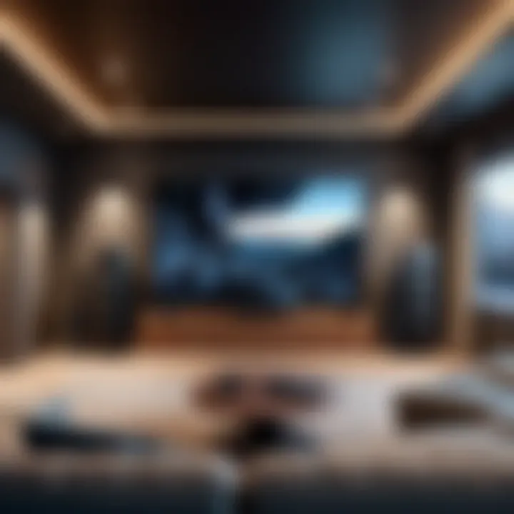 Wireless surround sound speakers arranged in a home theater setting