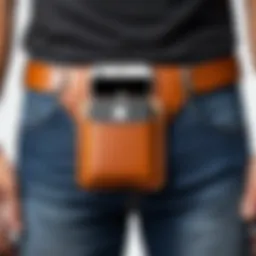 Stylish iPhone pouch attached to a belt showing functionality