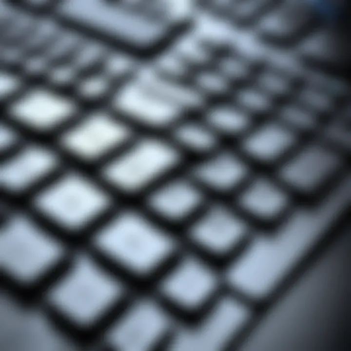 Close-up of wireless ergonomic keyboard keys highlighting their functionality