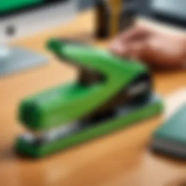 User maintaining the green Swingline stapler with care.