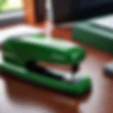 Elegant green Swingline stapler on a modern office desk.