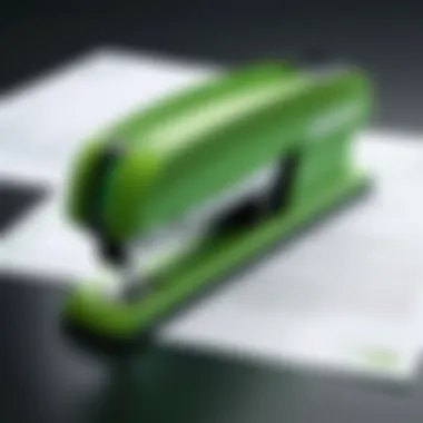 A collection of documents neatly stapled with the green Swingline stapler.