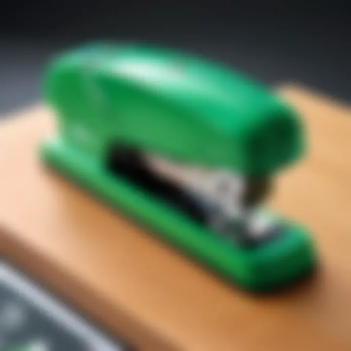 Close-up of the green Swingline stapler showcasing its precision design.