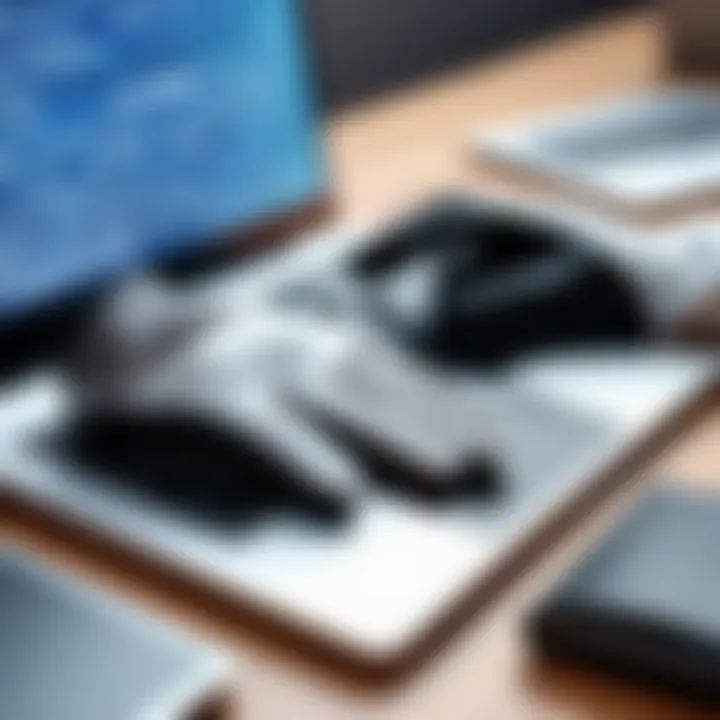 A stylish pair of typing gloves on a desk next to a laptop