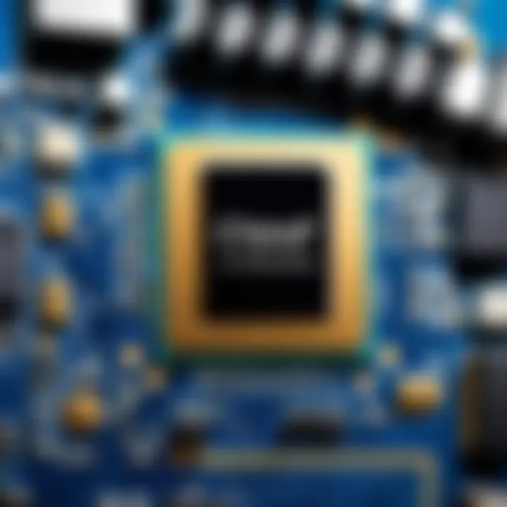 Close-up of a motherboard's chipset and components