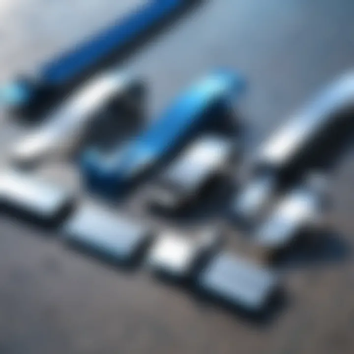 Various types of above ground pool liner clips arranged for comparison.
