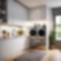 A sleek dual purpose washer dryer unit seamlessly integrated into a modern laundry room.