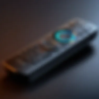 Close-up of the remote control with Fire TV features highlighted