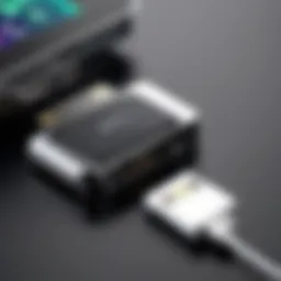 Close-up of SD card reader connected to iPhone