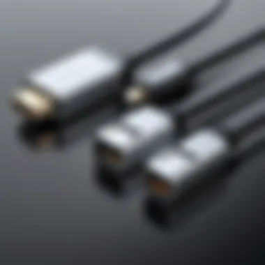 Detailed close-up of a Thunderbolt 2 to 3 adapter cable showcasing its connectors